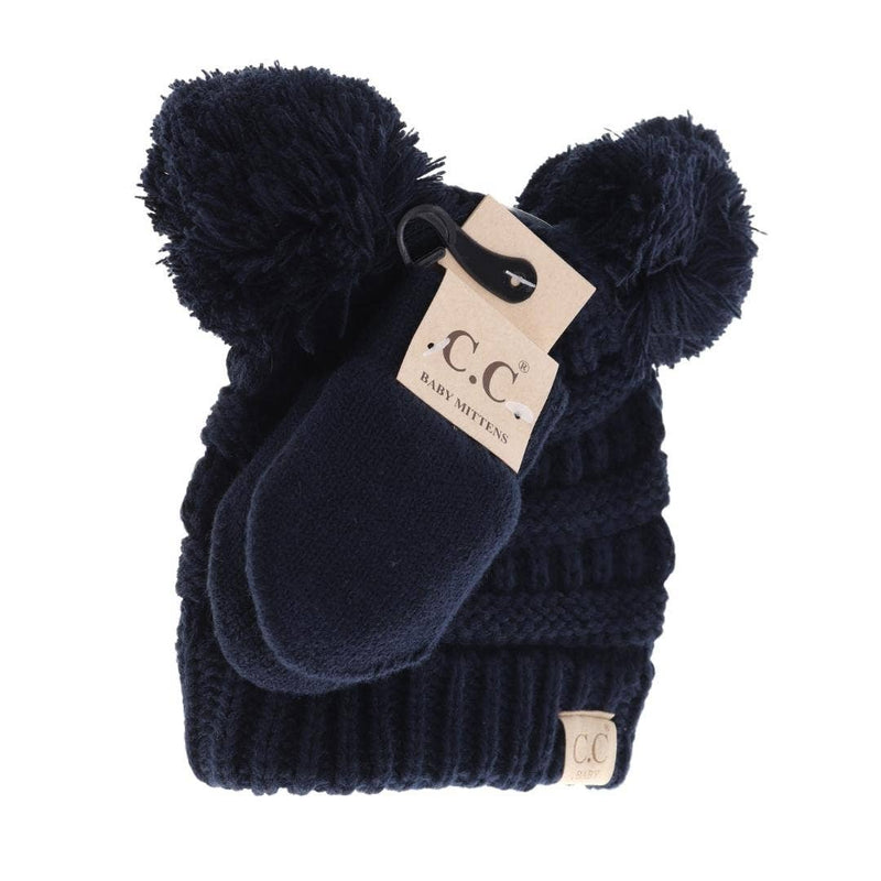 BABY Solid Knit Double Pom C.C Beanie with Mittens Available in 4 Colors