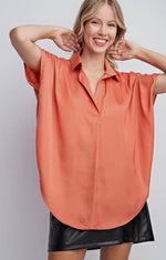 Satin Drop-Shoulder Pleated Blouse