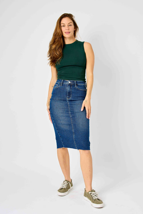 Judy Blue High Waist Back Slit Hem Mid Length Skirt