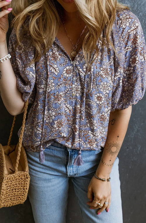 Floral 3/4 Sleeve Tassel Blouse