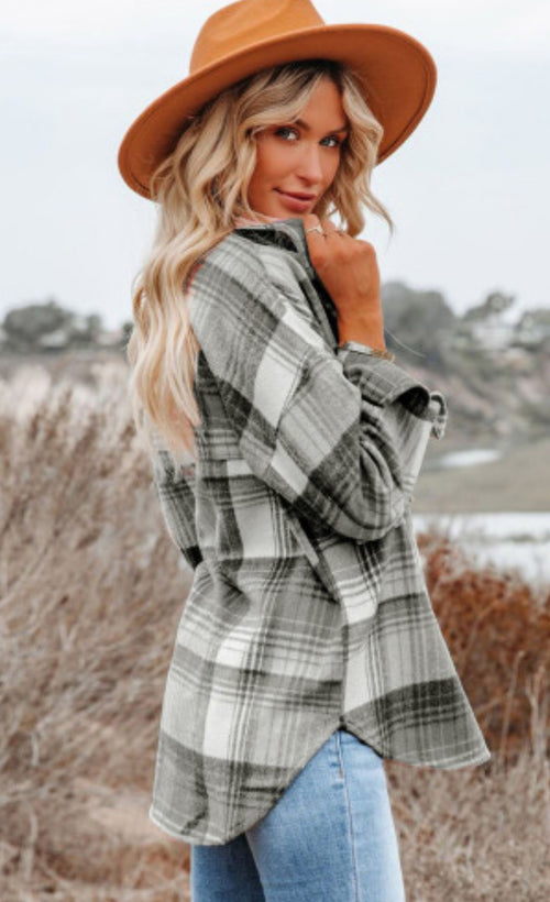 Black and Grey Plaid Casual Shacket