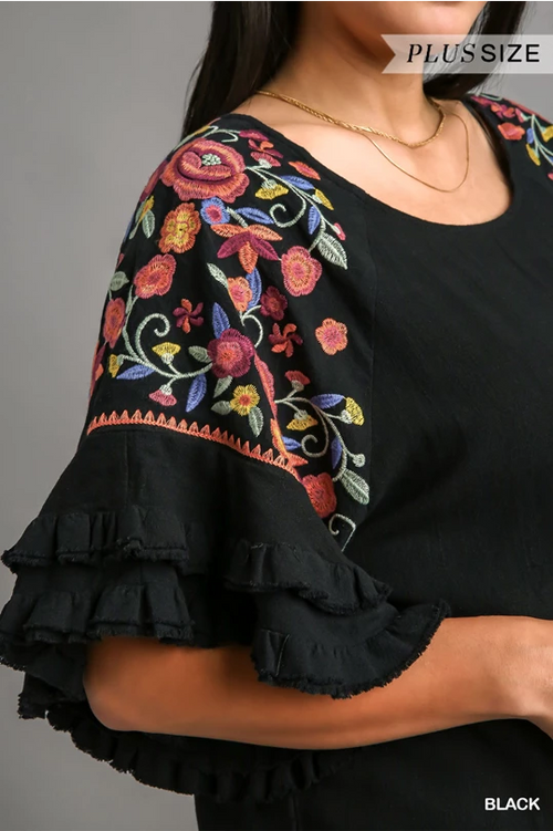 Floral Embroidered Frayed Sleeve Blouse Plus