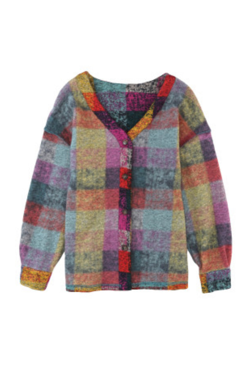 Jewel Toned Checked Light Fleece Cardigan