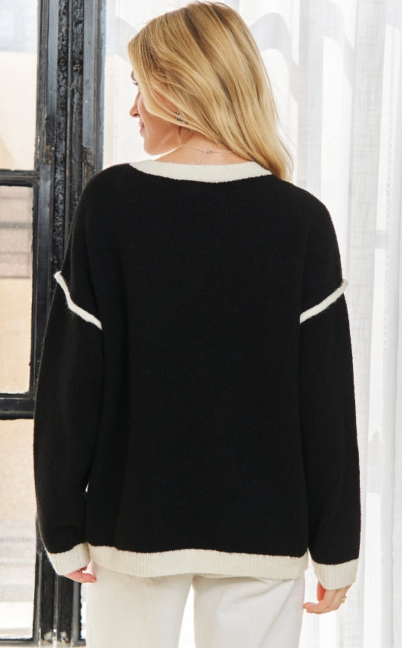 Black V-Neck Sweater with Ivory Flower Detail