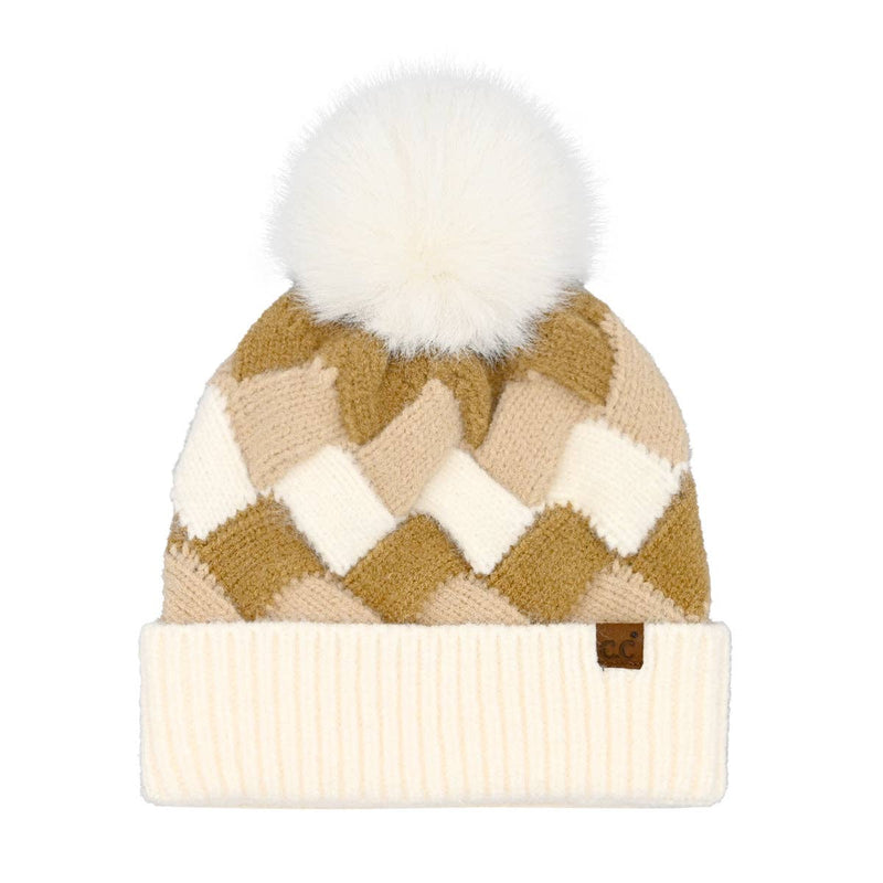 Chunky Weaved Faux Fur C.C Pom Beanie in Beige, Pink or Black