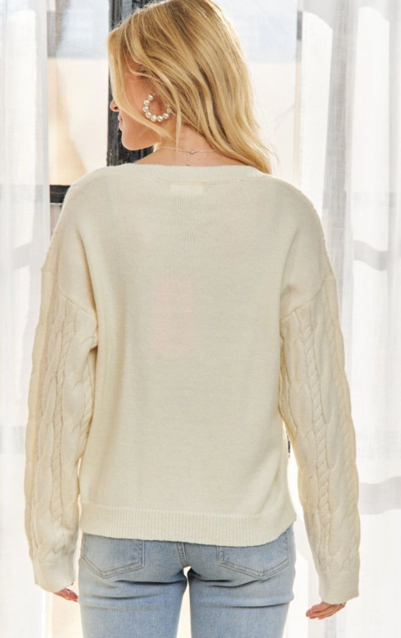 Ivory Mini-Bow Accent V Neck Sweater