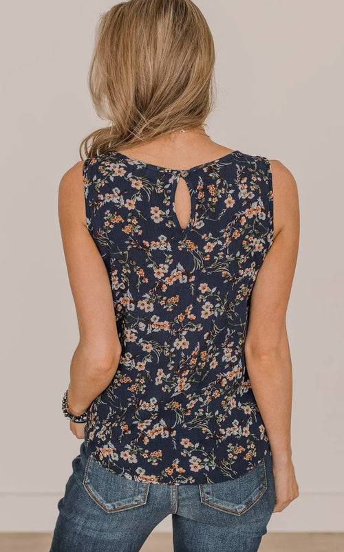 Cut-out Sleeveless Navy Floral Top