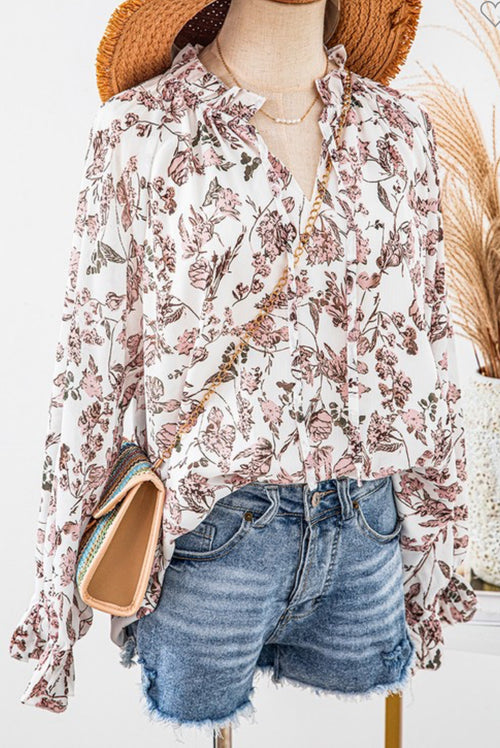 Floral Print Split V Neck Bubble Sleeve Blouse