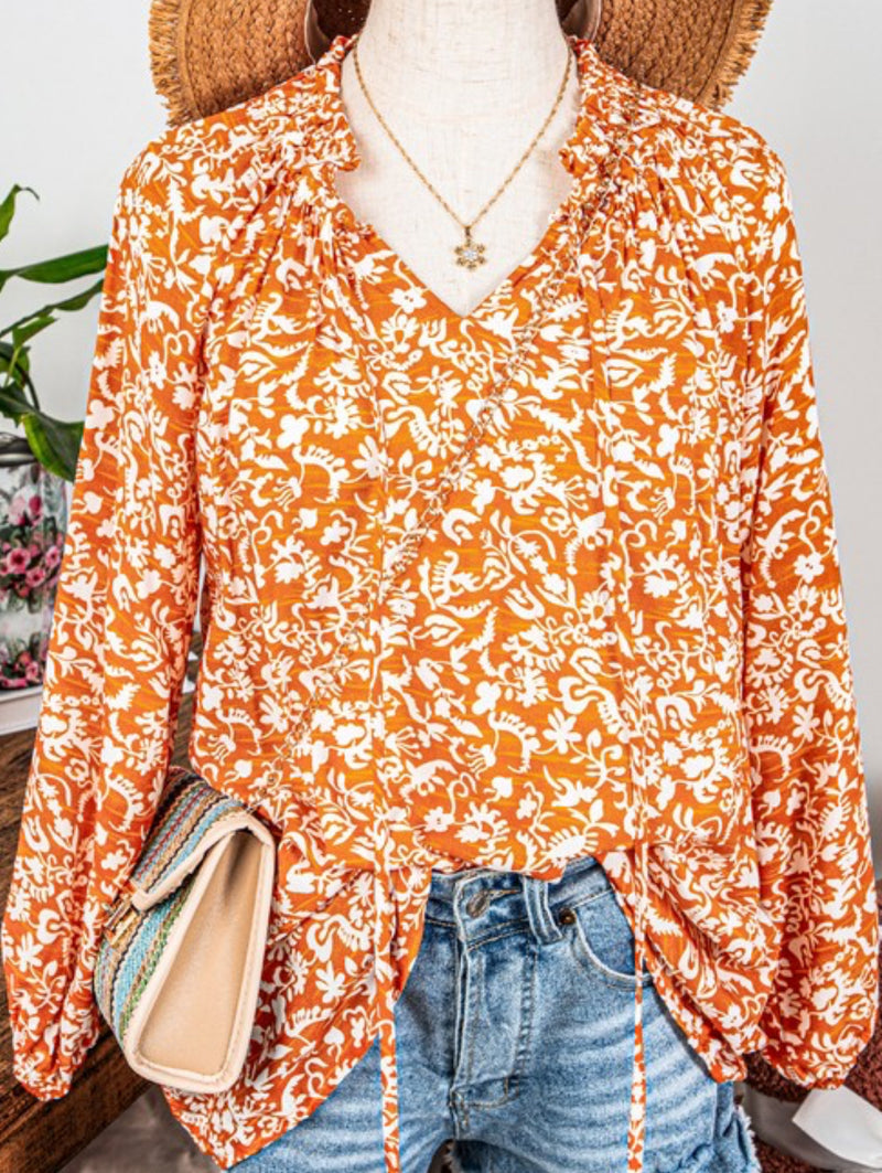 Orange Blossom Tie Neck Blouse