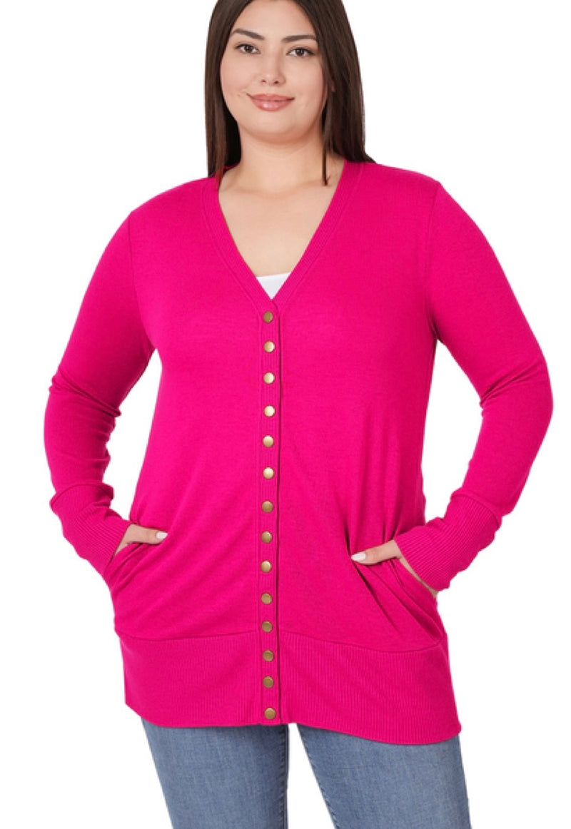 Curvy Snap Button Long Cardi with Pockets