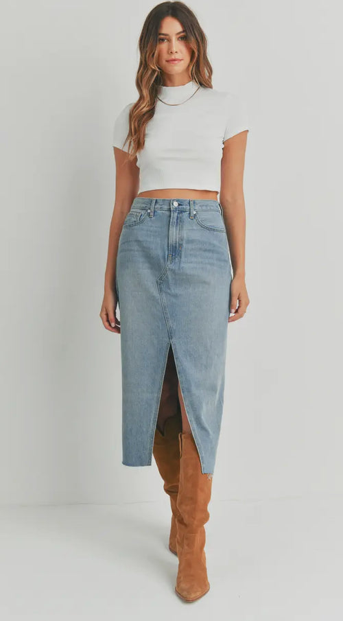 Long High Waist Slit Hem Jean Skirt