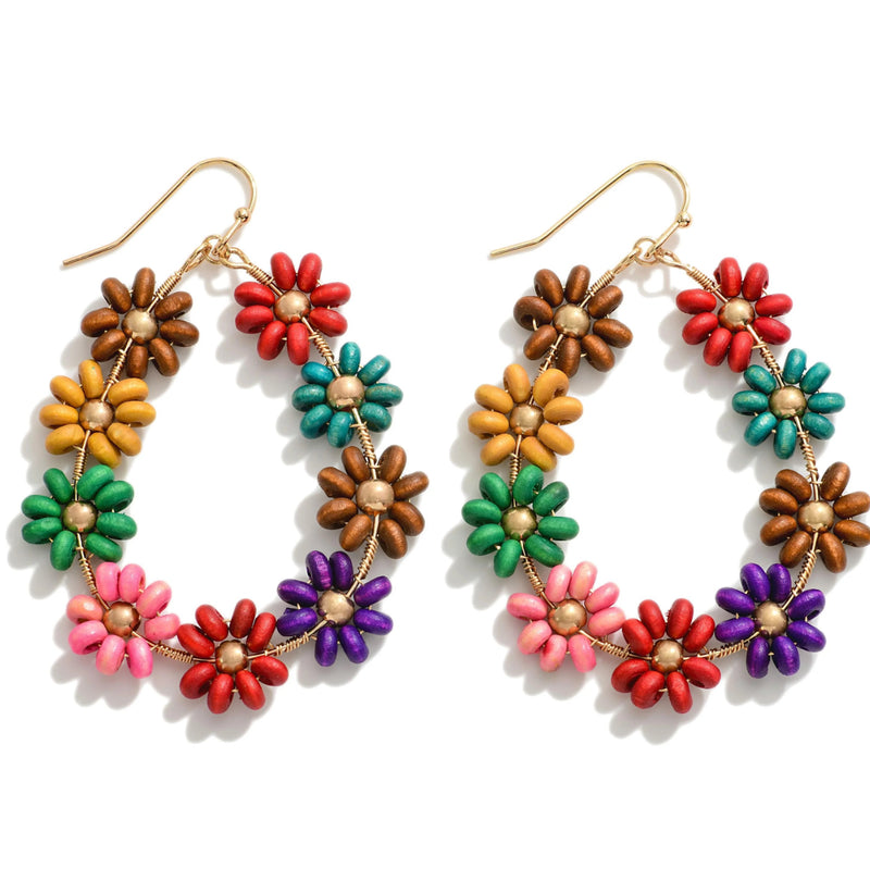 Beaded Gold Tone Flower Drop Earrings