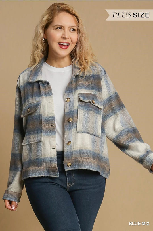 Plaid Cropped Jacket Blue Mix in Plus and XL