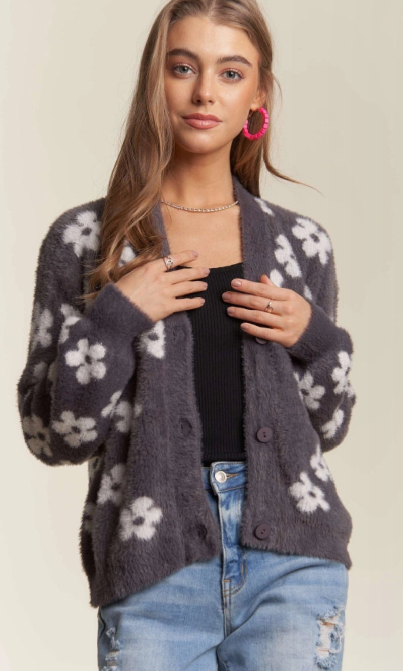 Charcoal Flower Fuzzy Cardigan