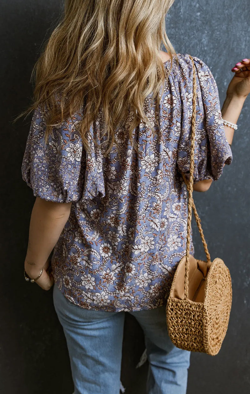 Floral 3/4 Sleeve Tassel Blouse