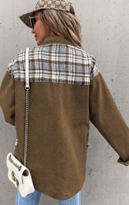 Dark Brown Twill and Plaid Shacket with Snaps