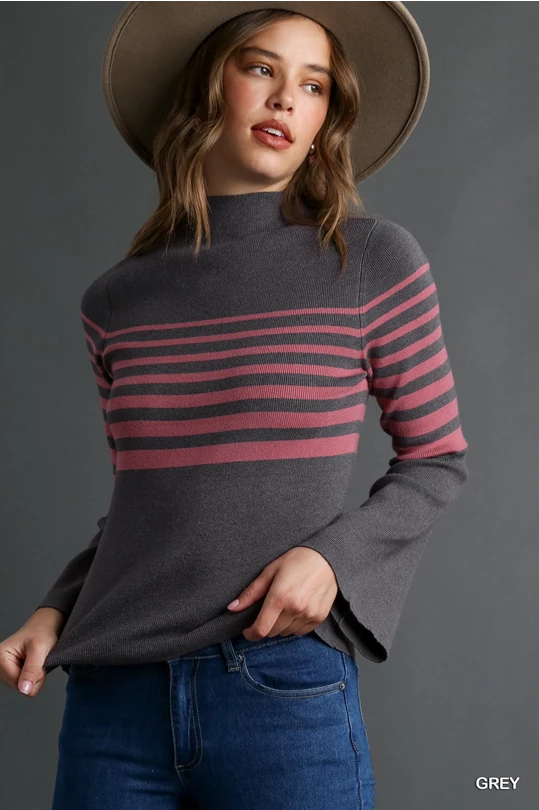 Mock Neck Striped Rib Knit