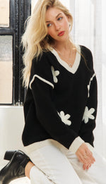 Black V-Neck Sweater with Ivory Flower Detail