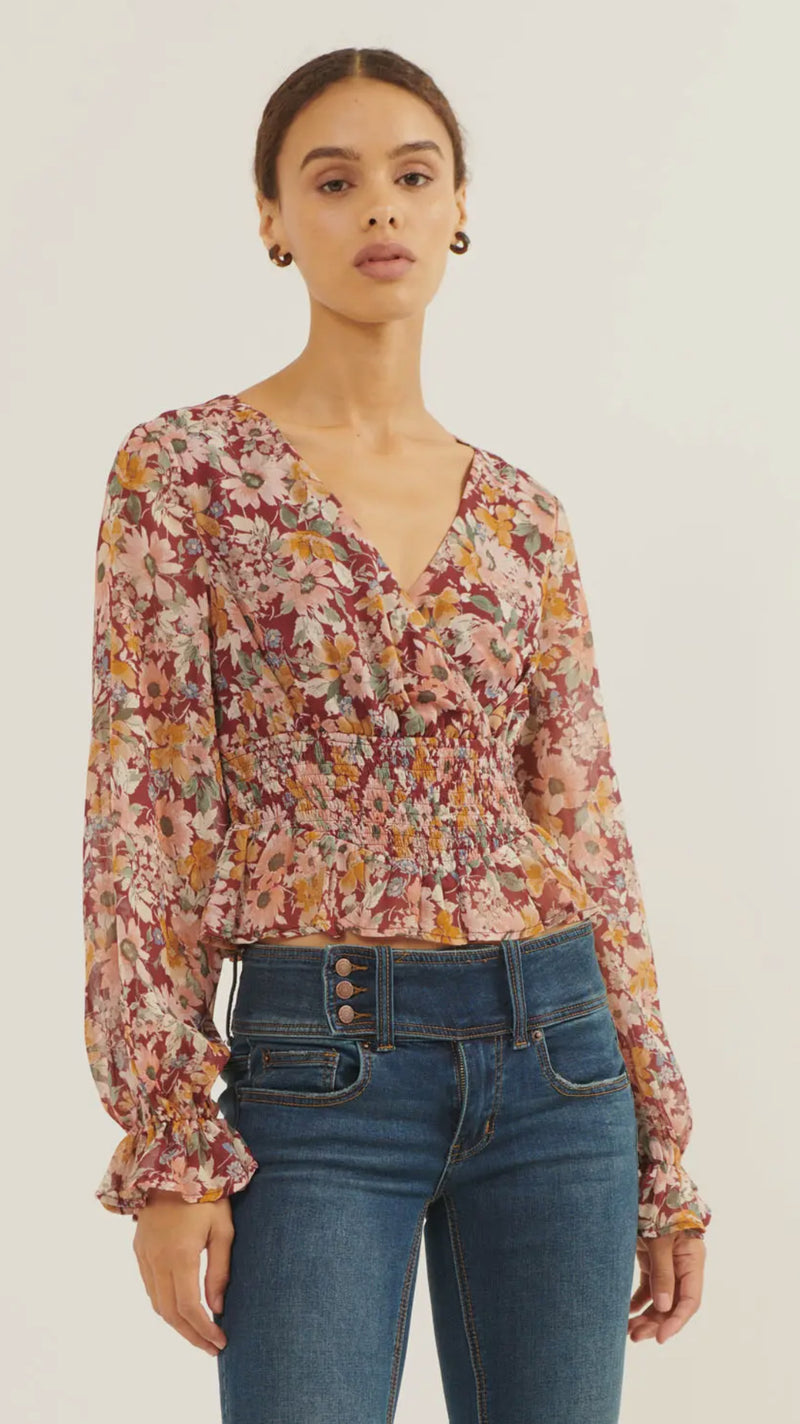 Floral Chiffon Ruffled Surplice Blouse