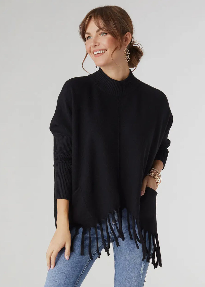 Flowing Mock Neck Fringe Sweater