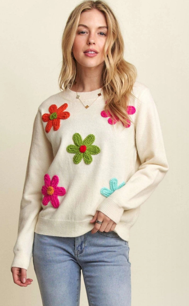 Ivory Flower Patch Sweater