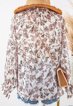 Floral Print Split V Neck Bubble Sleeve Blouse