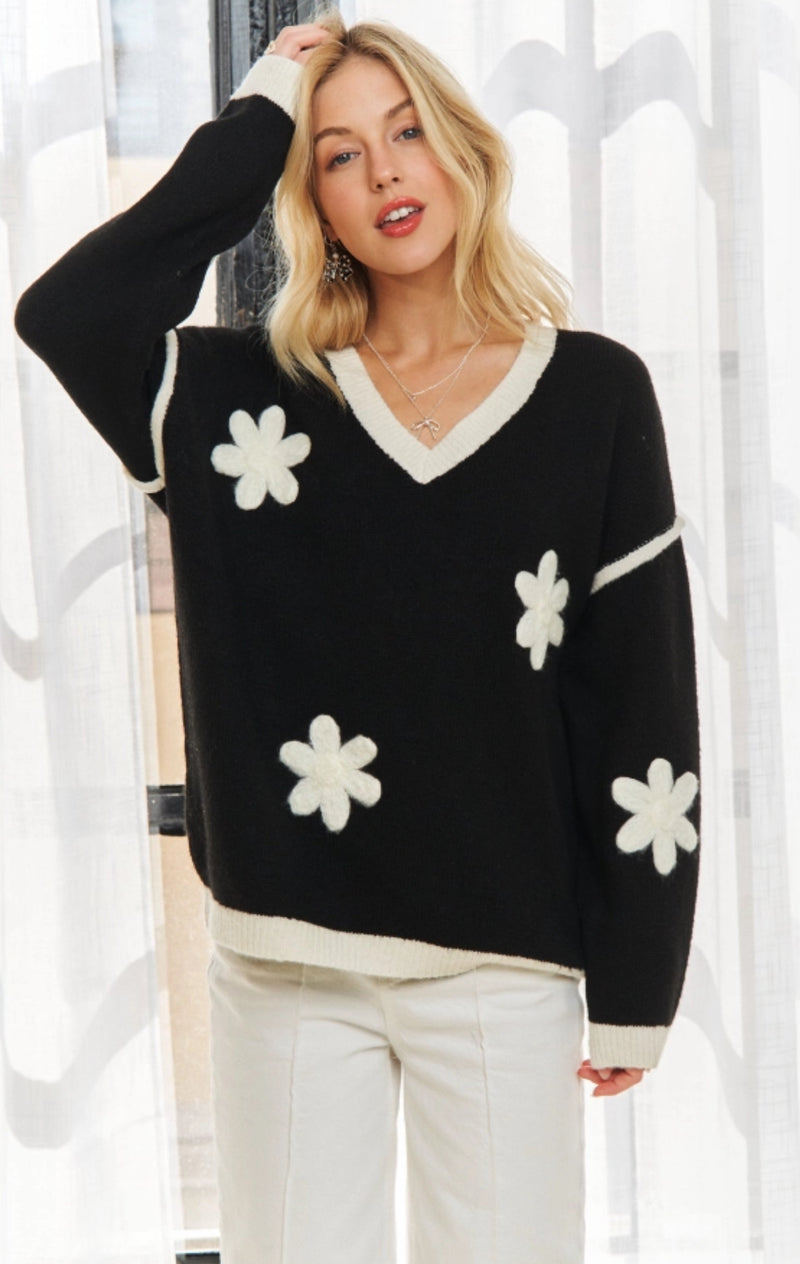 Black V-Neck Sweater with Ivory Flower Detail