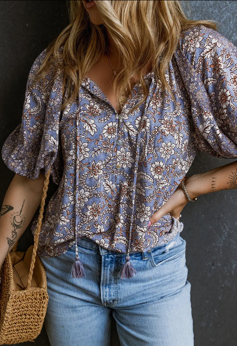 Floral 3/4 Sleeve Tassel Blouse