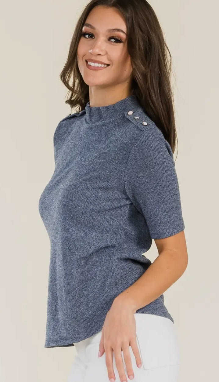 Pearl Button Accent Blue Mockneck Sweater