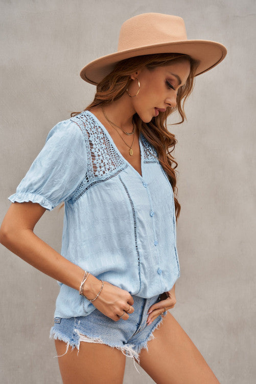 Sky Blue V-Neck Lace Crochet Blouse