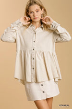 Linen Blend Button Down Babydoll Ruffle