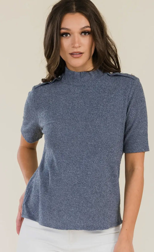 Pearl Button Accent Blue Mockneck Sweater