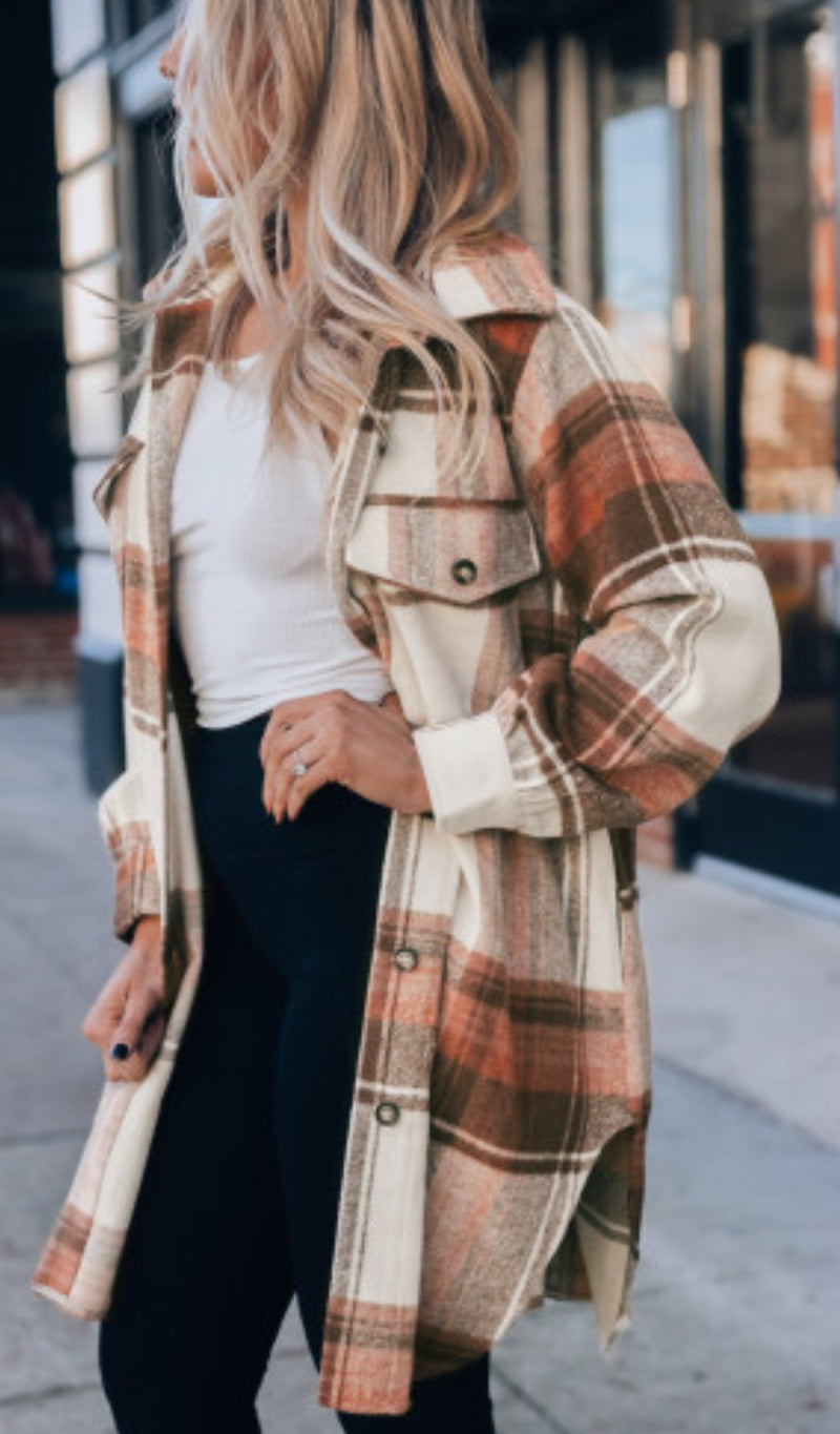 Long Cinnamon Plaid Shacket