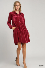 Berry Ribbed Velvet Button Down Dress