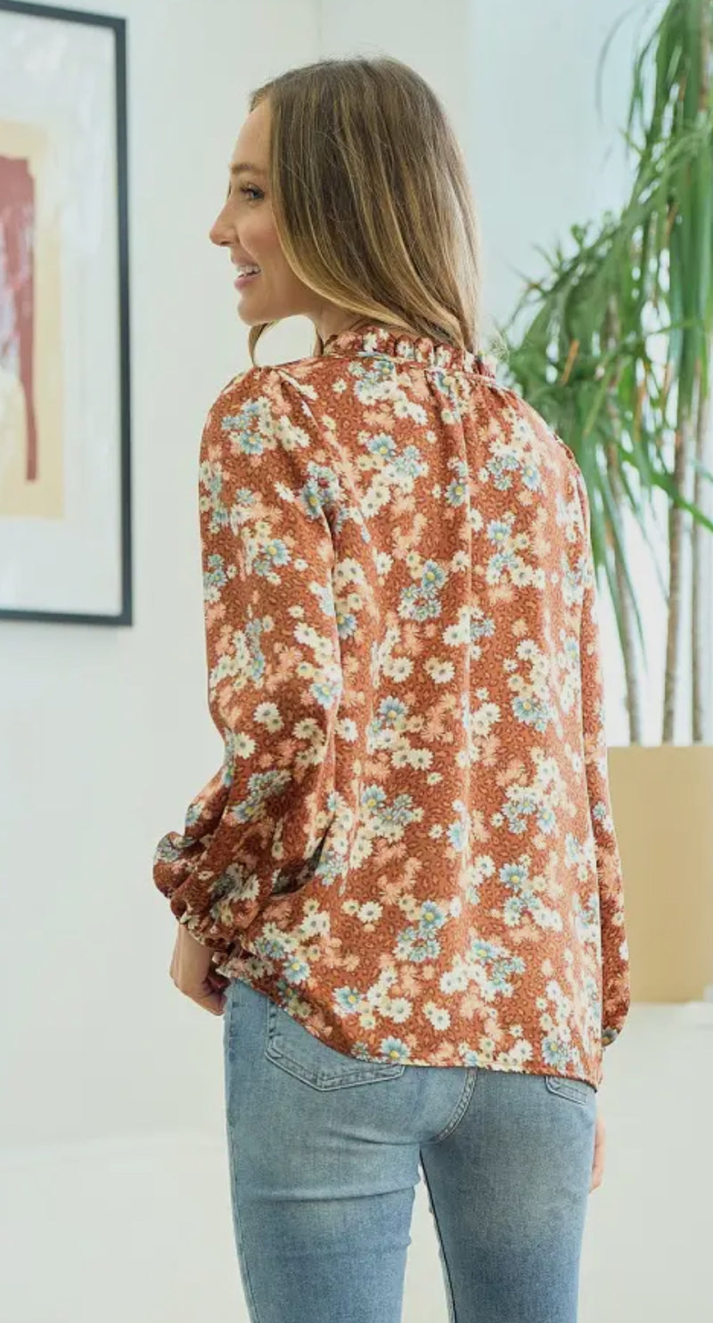 Rust Tie Neck Floral Print Blouse