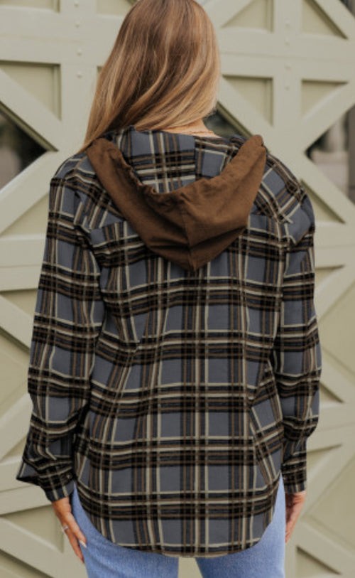 Slate Plaid Flannel with Hoodie and Brown Corduroy Accents