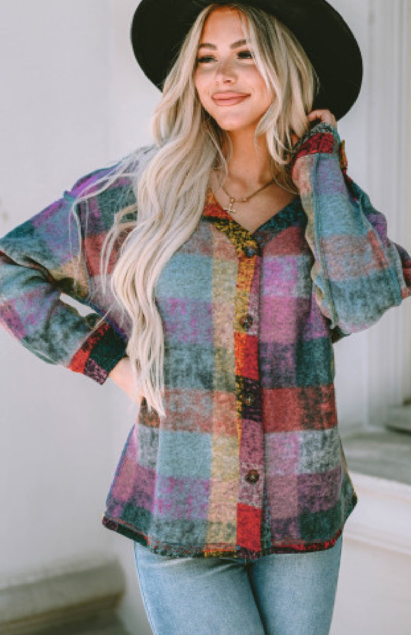 Jewel Toned Checked Light Fleece Cardigan