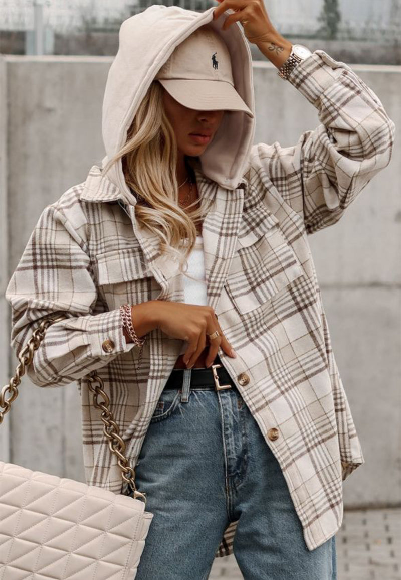 Coffee Latte Plaid Shacket with Removeable Hood