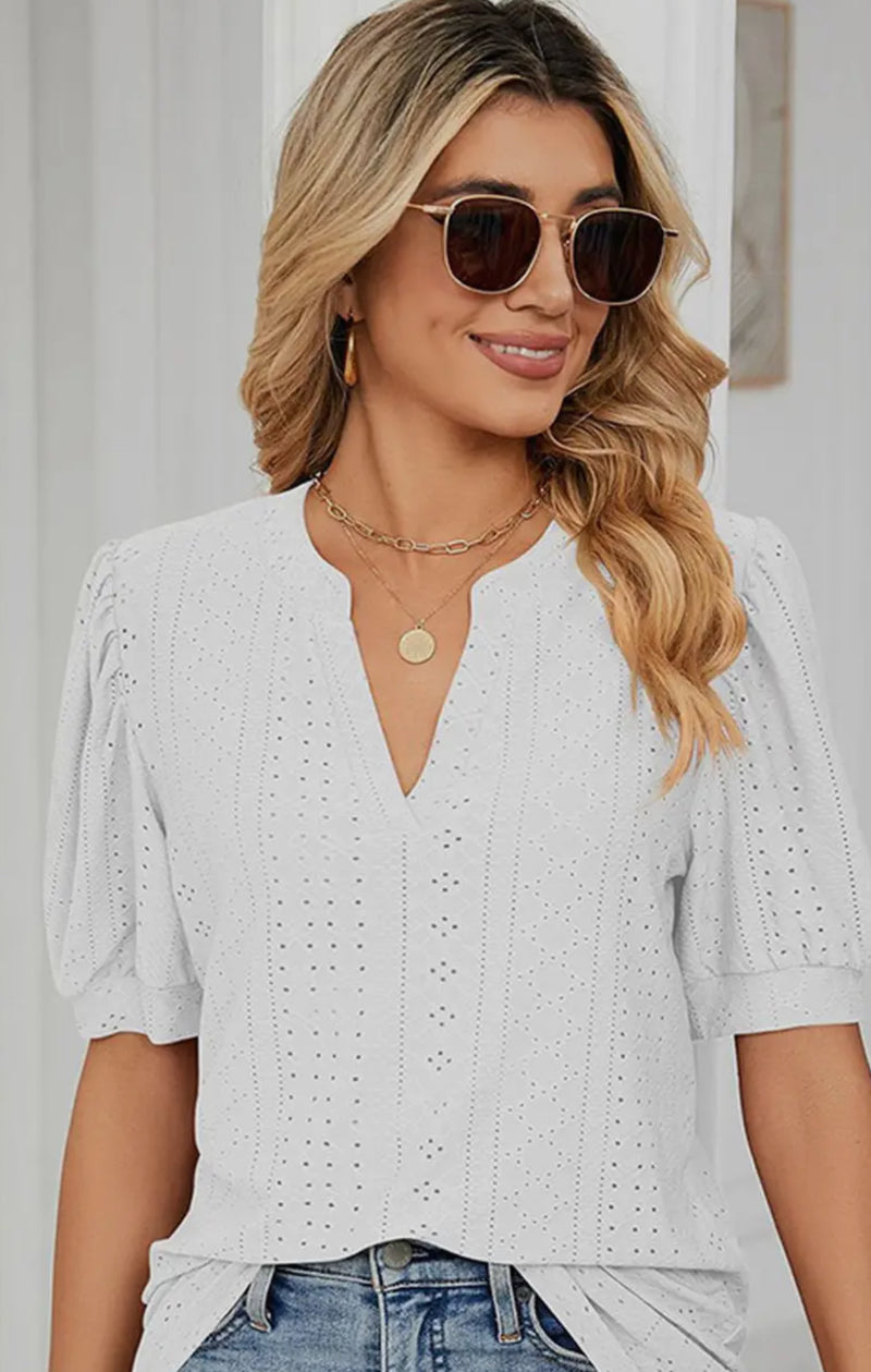 Lace V-Neck Punch-Pattern Blouse