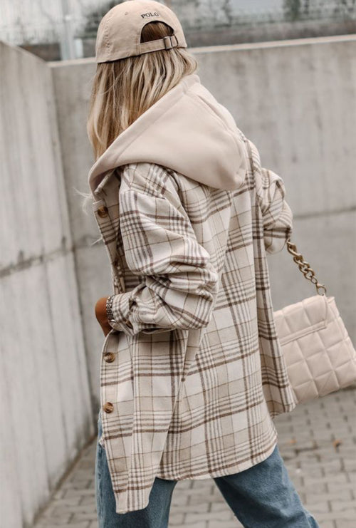 Coffee Latte Plaid Shacket with Removeable Hood