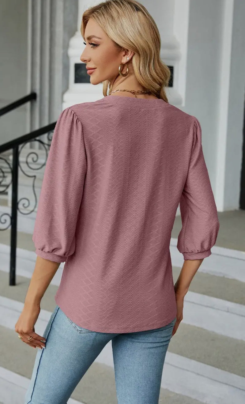 Restock**3/4 Sleeve Pattern Blouse in Mauve or Navy