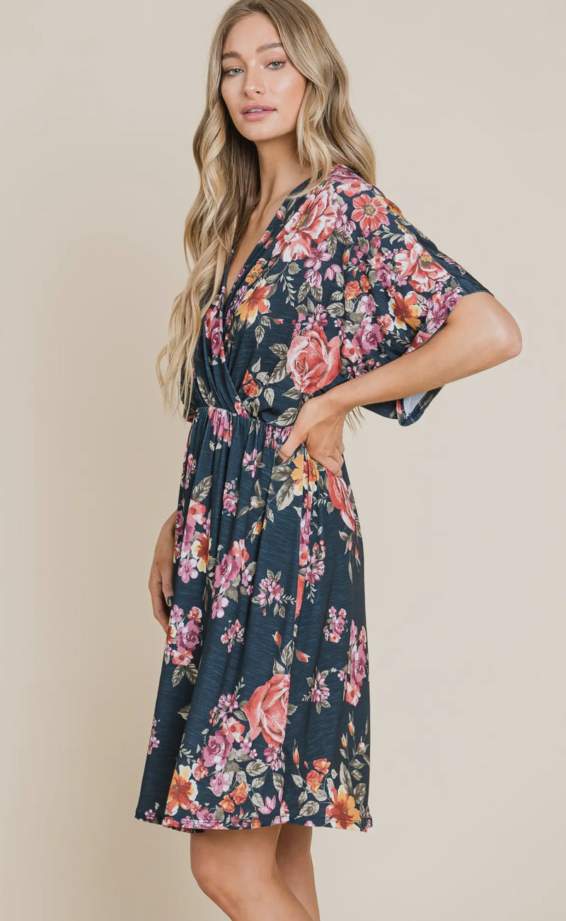 Navy Floral Print Wrap Dress