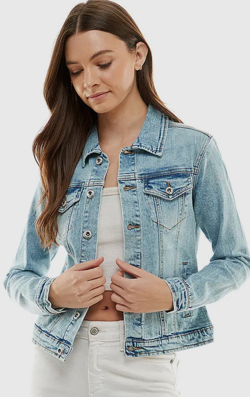 Light Wash Cotton Blend Stretch Denim Jacket