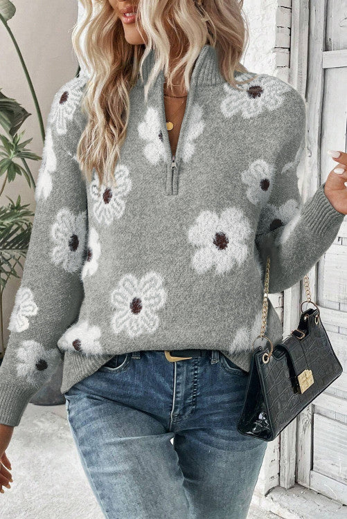 Cozy Floral Half Zip Sweater