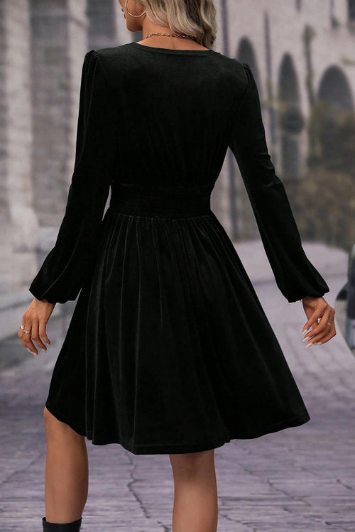 Black Velvet Long Sleeve Surplice High Waist Dress