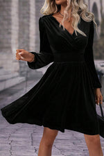 Black Velvet Long Sleeve Surplice High Waist Dress