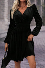 Black Velvet Long Sleeve Surplice High Waist Dress