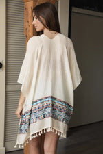 Embroidery Trim Kimono with Tassels in Cream and in Gray