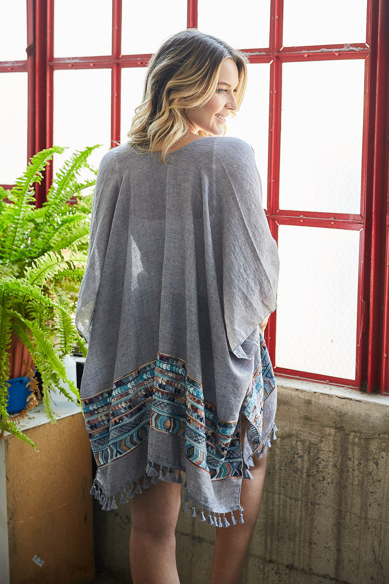 Embroidery Trim Kimono with Tassels in Cream and in Gray