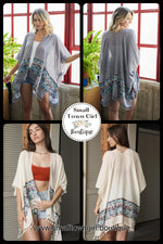 Embroidery Trim Kimono with Tassels in Cream and in Gray